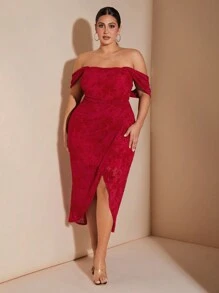 SHEIN BAE Plus Size Red Summer Elegant Satin Party Mesh All-Over Floral Print Flocked Tube Top Draped Suspender Wrap Overlapping Pleated Slit Bodycon Dress - Red - View 5