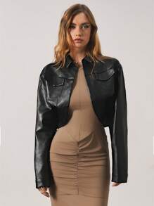 SHEIN Unity Áo khoác da giả cắt bất đối xứng màu đen cho nữ, áo khoác dài tay mùa thu/đông - màu đen - Xem 3