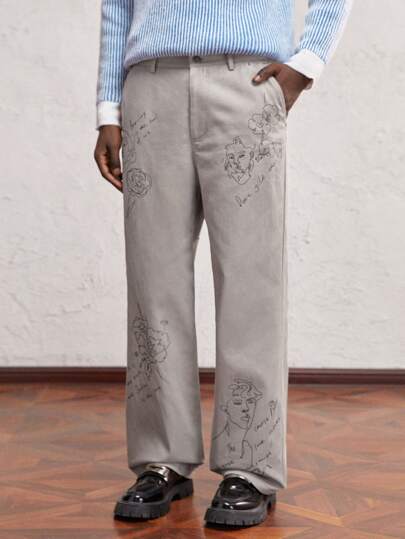 AKNOTIC Party 男士梭织修身长款中腰直筒休闲裤，图案外出长款浅灰色休闲裤，适合日常穿着老公、男友礼物