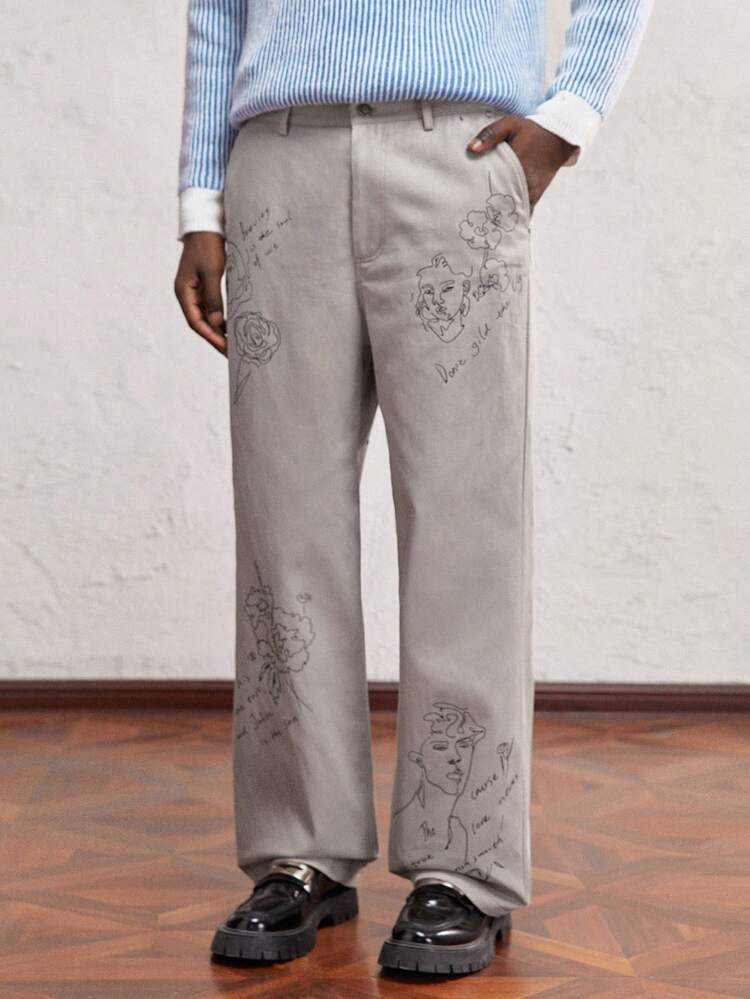 Men's Woven Fitted Long Mid-Waist Straight Leg Casual Pants, Graphic Going Out Long Light Grey Slacks Pants, Suitable For Daily Wear Husband, Boyfriend Gifts