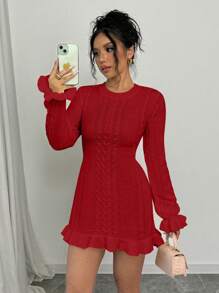 Elenzga Robe pull élégante pour femme à col rond, manches évasées et ourlet volantépour le automne/hiver, idéale pour le Nouvel An