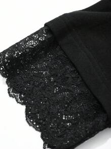 DAZY Women Casual Contrast Lace Simple Solid Round Neck Black Long Sleeve T-Shirt, Autumn,Fall Women Clothes - Black - View 8
