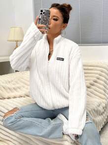 Flirla Letter Patched Drop Shoulder Teddy Jacket Fall Winter Cloth For Women - White - View 5