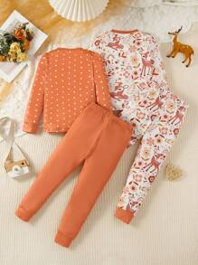 Bộ đồ ngủ 2 món tay dài + quần dài họa tiết chấm bi hoa và hươu dễ thương cho bé gái màu cam san hô - Màu Cam san hô - Xem 2