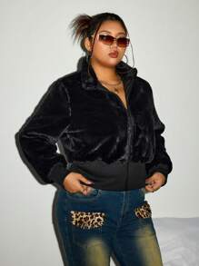 SHEIN ICON Plus Size Women ICON Stand Collar Fluffy Fleece Jacket - Black - View 3