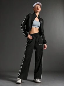 SHEIN Sports 女士纯色拼接前拉链长袖休闲上衣和裤子运动套装健身套装 - 黑色 - 查看 4