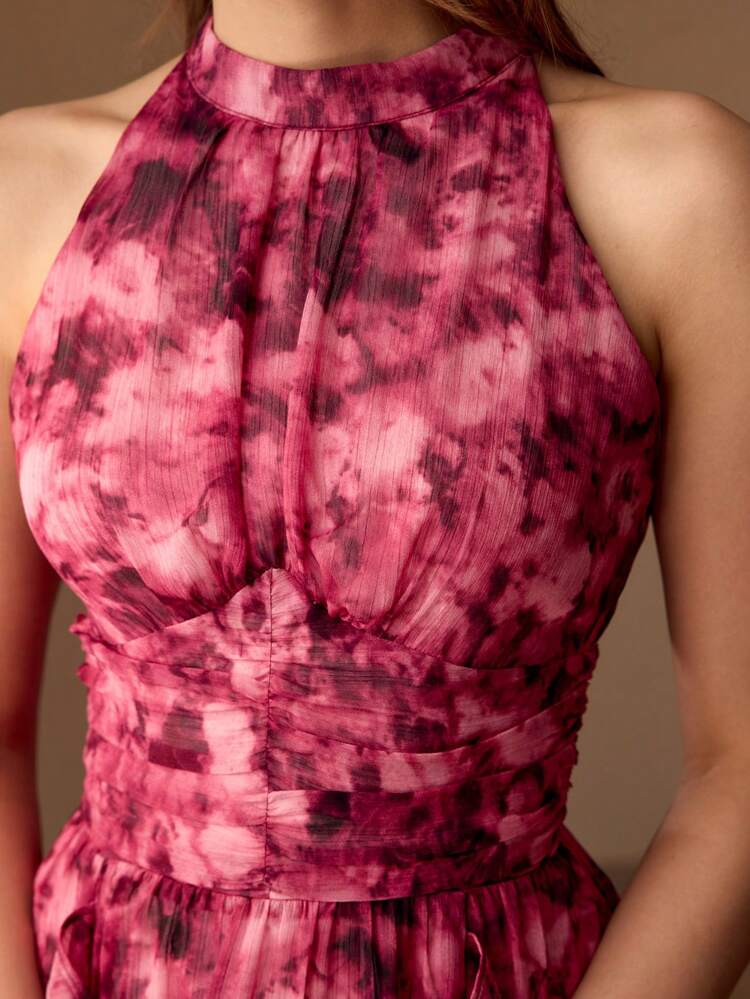 MESH OVERLAY ALLOVER FLORAL PRINT RUCHED WAIST MIDI DRESS BURGUNDY WOMEN OUTFIT