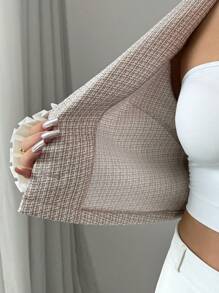 Chiquease New Solid Color Sleeve Ruffle Trim Contrast Button Short Casual Jacket, Textured, Versatile And Elegant Design For Women, Autumn/Winter - Grey - View 6