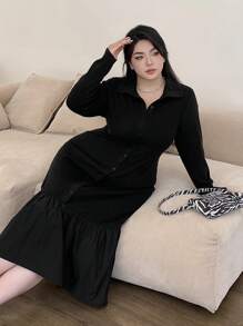 Dazy Plus Plus Size Elegant Solid Color Ruffled Hem Loose Dress, Autumn - Black - View 1