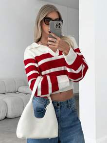 SHEIN Essnce 女士休闲宽松条纹高领蝙蝠袖长袖毛衣，休闲毛衣温暖易搭配，适合日常街头、通勤、居家圣诞毛衣秋冬 - 紅白色 - 查看 5