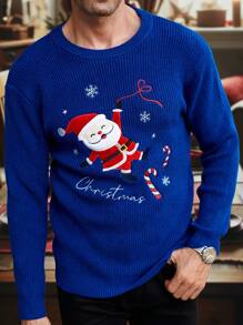 Manfinity Homme Christmas-Themed Embroidered Graphic Colorful Casual Pullover Long Sleeve Sweater For Men, Party, Friends