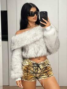 SHEIN ICON 秋冬时尚不对称肩部羊毛短款夹克 - 白色 - 查看 4