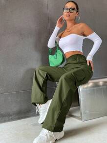 SHEIN LUNE Flap Pocket Side Cargo Trousers - Army Green - View 7