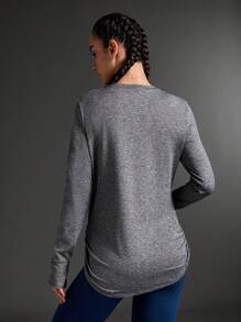 SHEIN Sports Damska sportowa koszulka z okrągłym dekoltem i plisami, swobodna, jesień