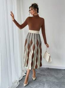 SHEIN Clasi 几何印花高领修身优雅长袖毛衣连衣裙 - 彩色 - 查看 3