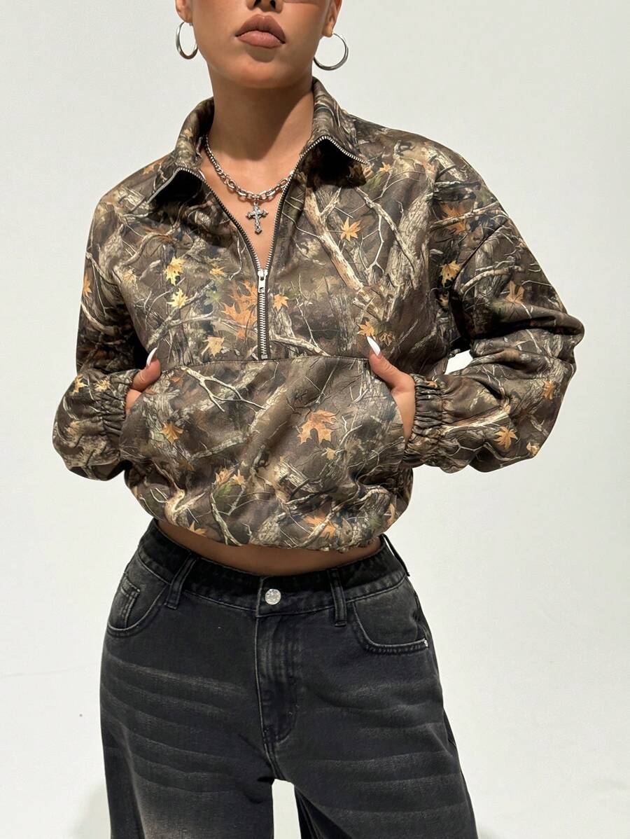StreetHx Women Vintage Leaves Print Half Zipper Opening Drop Shoulder Long Sleeve Sweatshirt, Street Style Fit For Autumn/Winter,Long Sleeve Tops Graduation,Back To School Outfits,Graduation,Teacher Outfits For Women,Back To School Pullover Fall Outfit - Multicolor - View 1