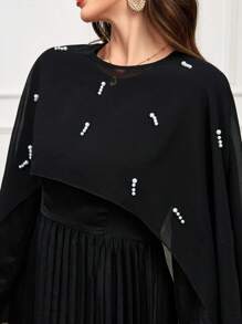 Modelyn 2 件套女士优雅仿珍珠装饰披肩和高腰褶边连衣裙套装，适合秋季 2 件套 - 黑色 - 查看 7