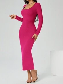 SHEIN PETITE Herbstkleid einfarbiges Kleid mit quadratischem Ausschnitt und langem, enger Ärmel in Schwarz - Heißes Pink - Übersicht 3
