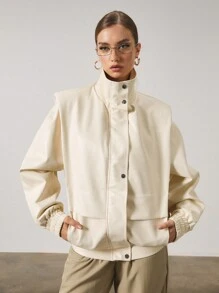 SHEIN Unity Women Winter Coat, Racing Car Print Bomber Jacket, Similar To Influencer Style - Beige - View 1