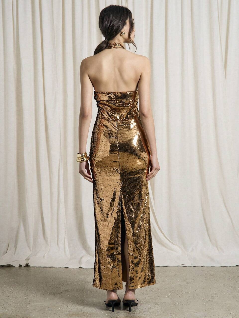 Sequin Halter Neck Backless Maxi Dress
