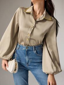 Modelyn Women's Elegant Long Sleeve Color Block Ribbon Trim Single-Breasted Shirt, Autumn