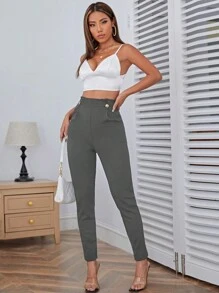 Firerie Của phụ nữ Màu thuần Xếp li Quần ống côn - Màu xám đen - Xem 4