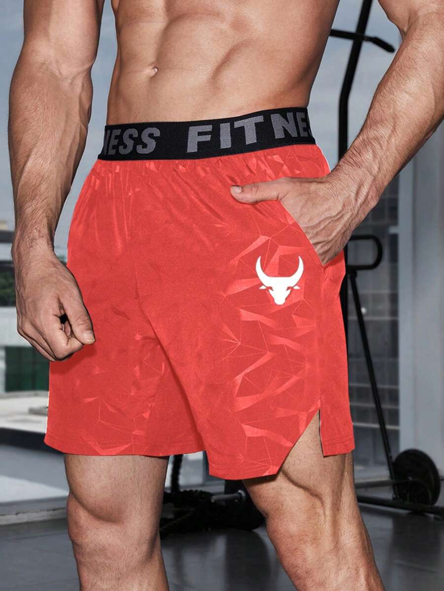 GymBeat 男友风男士纯色拼布字母印花口袋休闲运动短裤 - 橘色 - 查看 1