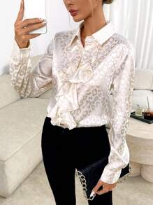 Chiquease Women Leopard Print Jacquard Splice Ruffled Hem Loose Shirt, Elegant Design, Autumn - Apricot - View 6