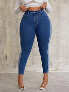 SHEIN SXY 大码女式弹力蓝色牛仔紧身裤，侧面有个性化拼接 - 藍色 - 查看 5