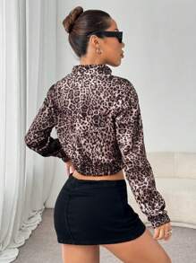 Chiquease 1pc Women Leopard Print Bomber Jacket, Fashionable Long Sleeve Zip-Up High-End Sporty Jacket, Random Floral Patterns Fall Cloth For Women - Multicolor - View 2