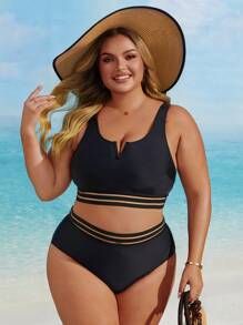 大码纯色无袖两件套比基尼泳装套装夏季