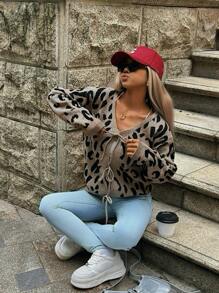 Chiquease Women's Front Tie Long Sleeve Leopard Pattern Detail Minimalist Blouse Knit Pullover Fall Winter Outfit - Multicolor - View 5