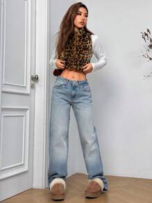 SHEIN EZwear 女式豹纹羊毛拉链无袖夹克，秋冬款