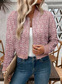 SHEIN LUNE 女式前拉链印花棒球领休闲长袖短款飞行员夹克，夏季 - 粉色 - 查看 4