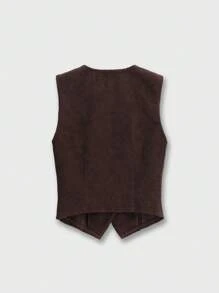 Sweetra 1 件女式 V 领单排扣休闲宽松背心，无袖 Y2K 服装 - 棕色 - 查看 2