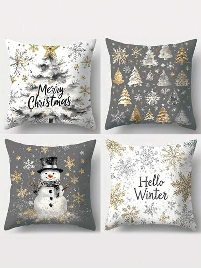 4 件节日圣诞枕套，17.72 英寸方形，现代风格，涤纶，可机洗，拉链开合，编织装饰靠垫套，带有树、鹿、袜子、拐杖糖、雪花印花，适用于客厅沙发装饰 - 无插入物