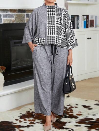 EMERY ROSE Ropa de invierno para mujer talla grande, conjunto de 2 piezas con parte superior de manga larga con cuello alto en unicolor y empalme, y pantalones sueltos con nudo delantero, conjunto informal