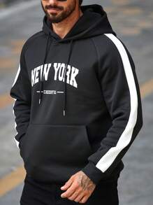 Manfinity Homme 大码男士休闲街头连帽运动衫，带字母印花、插肩袖、袋鼠口袋、抽绳 - 黑色 - 查看 4