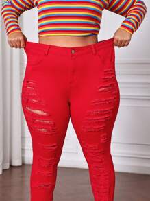 SHEIN CURVE+ Women's Plus Size Red Denim Stretch Ripped Trousers Christmas Red Jeans Slimming Pants High Elasticity, Fall Women Clothes - Red - View 1