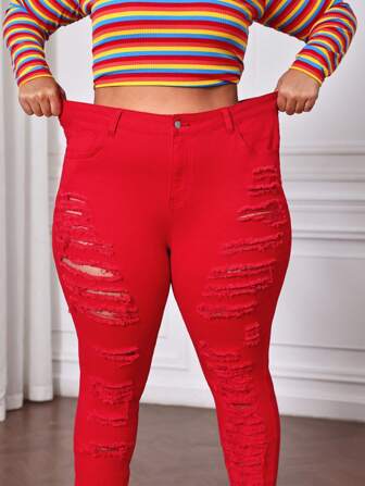 SHEIN CURVE+ Women's Plus Size Red Denim Stretch Ripped Trousers Christmas Red Jeans Slimming Pants High Elasticity, Fall Women Clothes