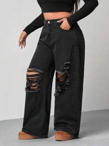 SHEIN MOD Plus Size Women Loose Fit Ripped Wide Leg Boyfriend Jeans, Fall Women Clothes