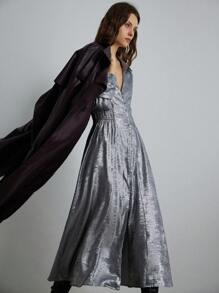 Aveloria Modichic 法式复古别致金属光泽领口纽扣腰部曲线长袖连衣裙，休闲优雅风格，秋季节日派对生日正式场合连衣裙 - 銀色 - 查看 3