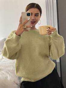 DAZY 1pc Women Loose Fit Solid Color Crew Neck Long Sleeve Sweater,Fall Women Clothes - Yellow - View 1