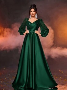 Glamrae Burgundy Red Elegant Burgundy Red Sheer Long Sleeve Beaded Sequin Patchwork Satin Dress With Detachable Belt, Suitable For Wedding, Party, Vacation, Graduation, Prom, Mother Of The Bride Christmas Dress Women>Elegantgreen Christmas Dress Women - Dark Green - View 7