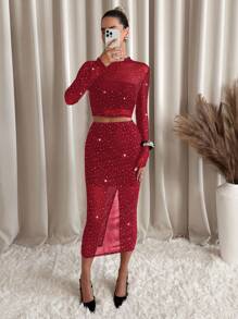 SHEIN Clasi 2 chiếc lưới thời trang đính đá trang trí cho nữ kết hợp thường ngày, thích hợp để đi chơi vào mùa thu/đông - Màu Đỏ Sâu - Xem 3