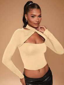 Hauture Cross Over Halter Hollow Out Long Sleeve Jersey Top - Apricot - View 6