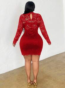 Slaydiva Plus Size Elegant Sexy Lace Mini Long Sleve Dress - Black - Red - View 2