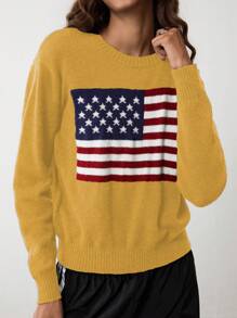 Flirla Women's Casual Crew Neck American Flag Print Long Sleeve Pullover Sweater Knit Pullover Fall Winter - Yellow - View 4