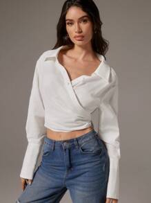 SHEIN Unity 1pc Women Solid Color Cross Wrap Ruched Elegant Office Long Sleeve Blouse - White - View 1