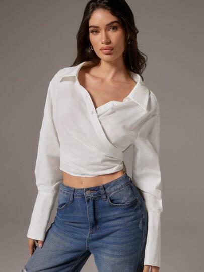SHEIN Unity 1 件女式纯色交叉裹身褶饰优雅办公室长袖衬衫